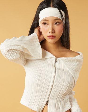 크롭 니트 오프숄더 투웨이 집업 카라 가디건 [WHITE]