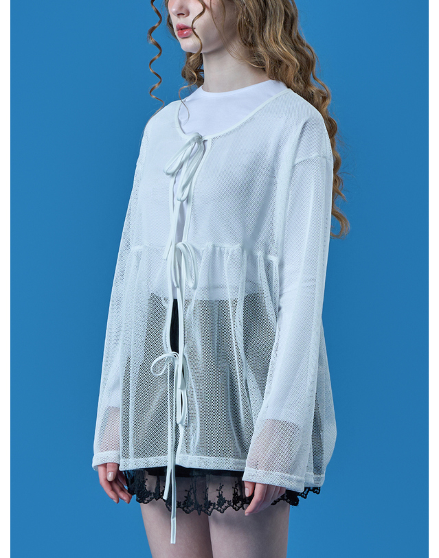 콜릿 시스루 네트 리본 레이어드 긴팔티 [WHITE] KCL. 착용컷