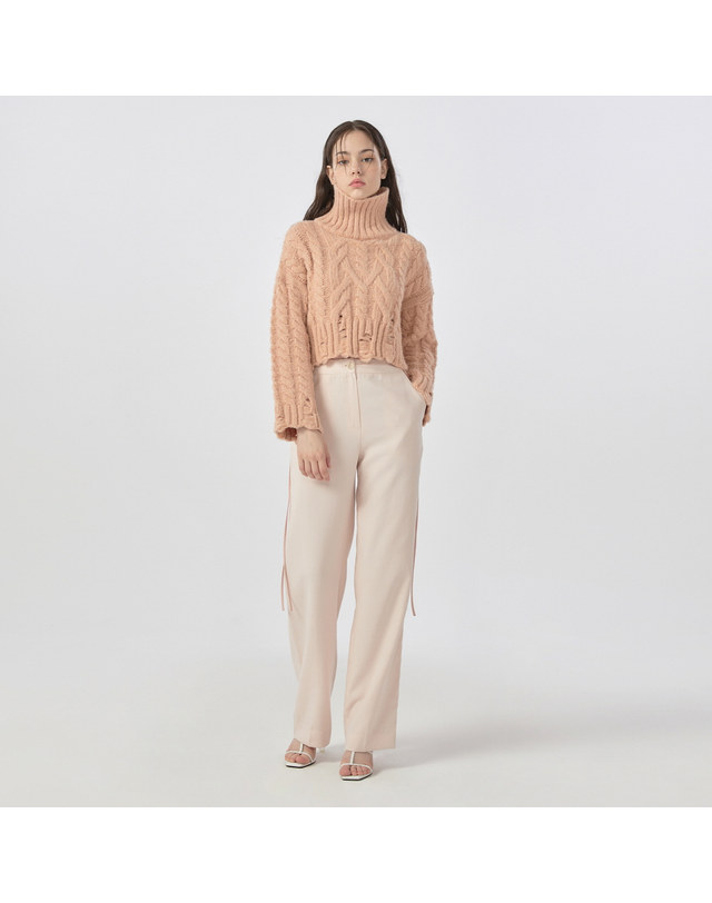 워브먼트 [22FW] High Neck Cable Crop Pullover - peach 착용컷