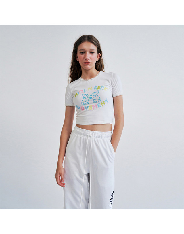 워브먼트 HIDE N SEEK Cropped T-shirts WHITE WBCSTP004IV 착용컷
