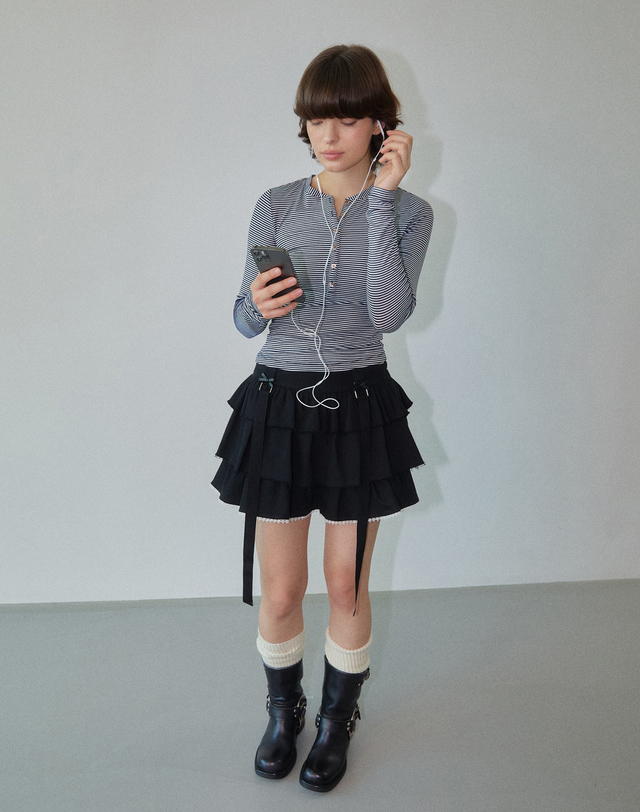 워브먼트 Rainbow Henly Neck Top Stripe WBDFTP002ST 착용컷