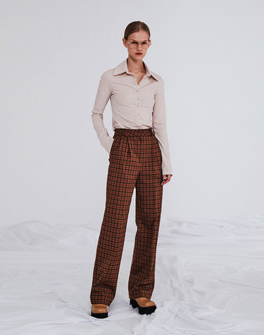 CHECK TWO TUCK SLACKS CHECK BROWN
