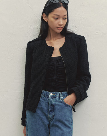 FRINGE DETAIL TWEED JACKET BLACK MBDFJK003BK