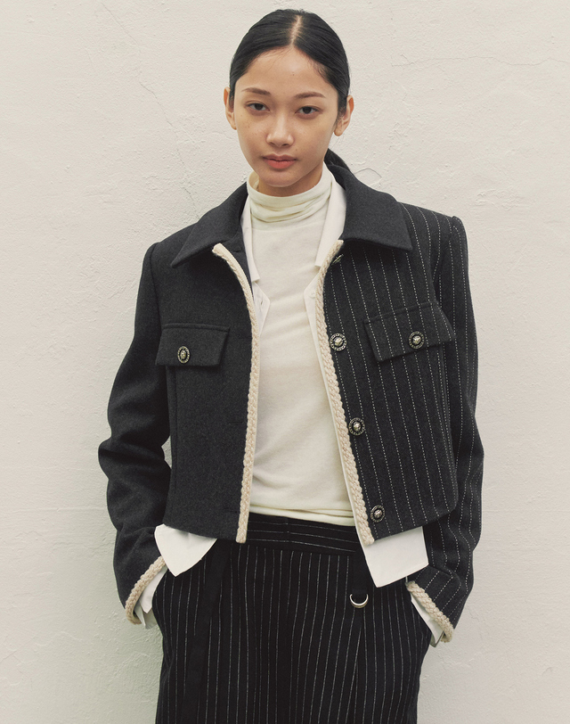 메이크어토스트 WOOL TRIMMING TWIST SHORT JACKET DARK GRAY MBDFJK001DG 착용컷