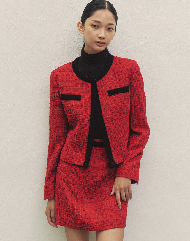 메이크어토스트 TWEED ANGORA POINT JACKET RED MBDFJK005RD 착용컷