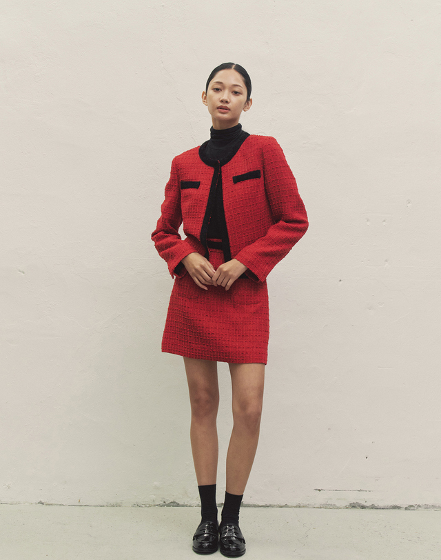 메이크어토스트 TWEED ANGORA POINT JACKET RED MBDFJK005RD 착용컷