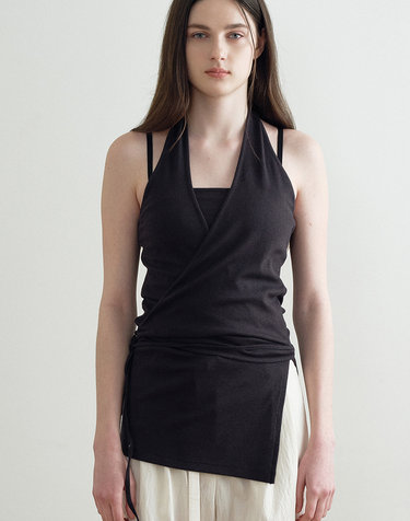 LAYERED WRAP HOLDER NECK SLEEVELESS TOP (DARK GRAY) MBFSTO023DG