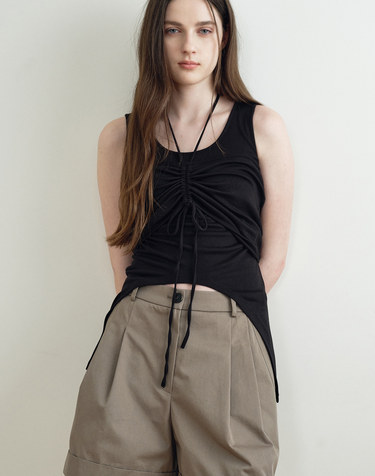SLEEVELESS TOP & STRAP SHIRRING HALTER TOP (BLACK) MBFSTO012BK