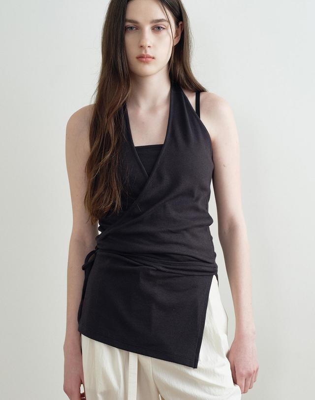 메이크어토스트 LAYERED WRAP HOLDER NECK SLEEVELESS TOP (DARK GRAY) MBFSTO023DG 착용컷