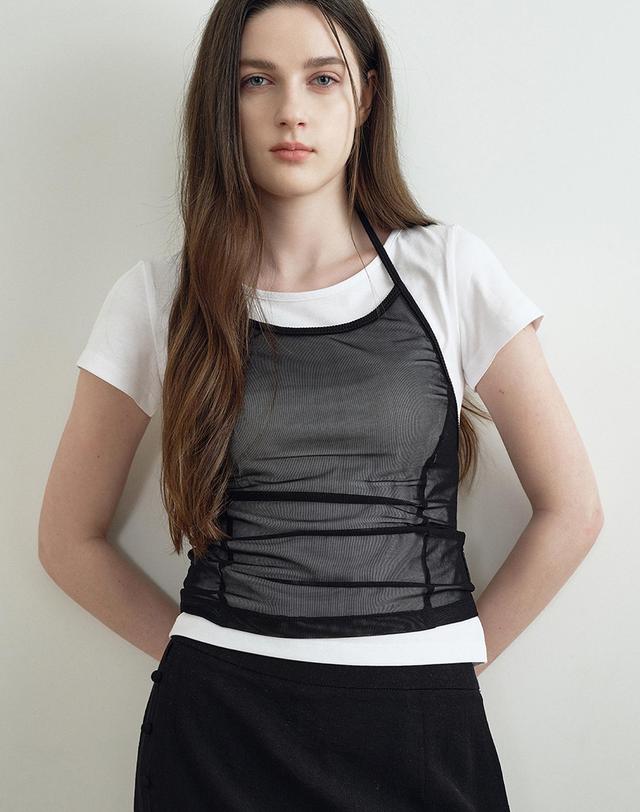 메이크어토스트 SLUB JERSEY T-SHIRT & NET LAYERED TOP (BLACK) MBFSTO011BK 착용컷