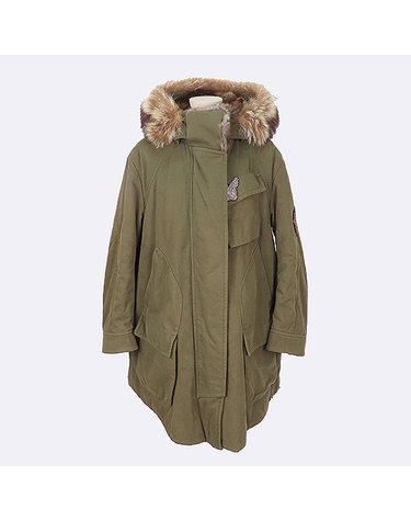 [중고]스미스마켓 타임 카키 컬러 자수 패치 토끼 털 여성용 후드 롱 야상 점퍼 - S size K2218TIM