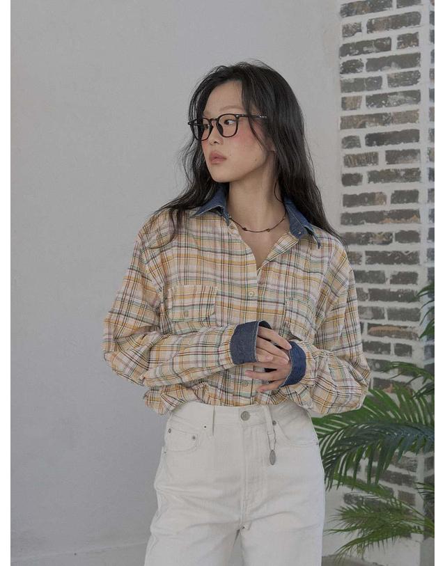엔디에이 Denim Point Check Shirt 노랑 착용컷