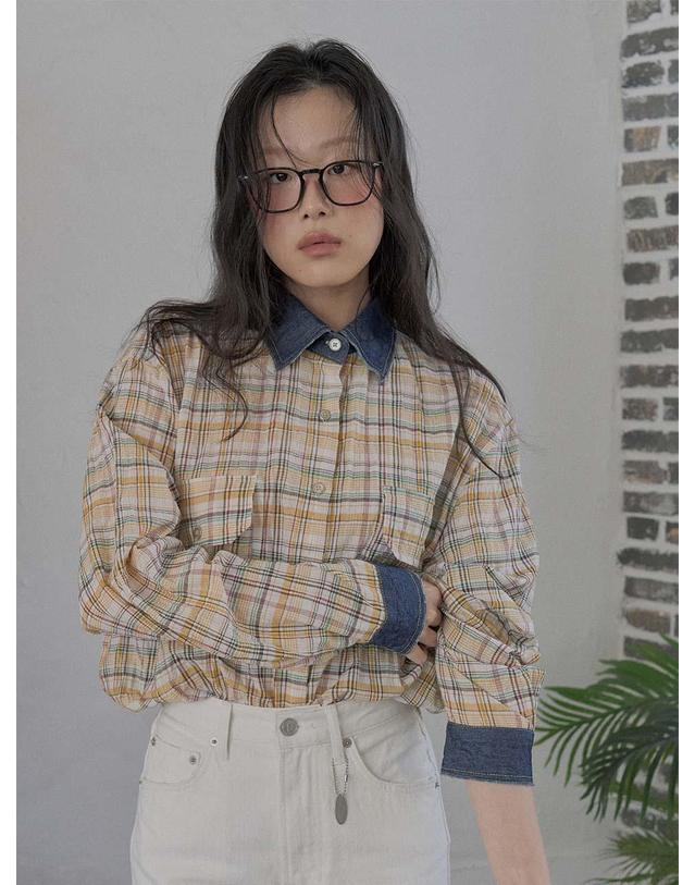 엔디에이 Denim Point Check Shirt 노랑 착용컷