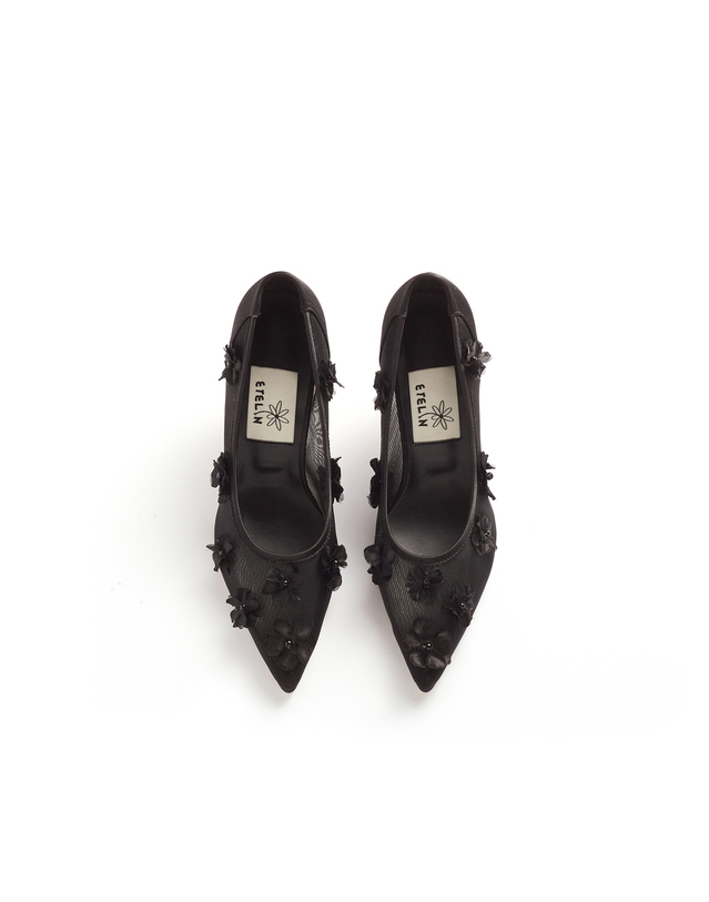 에뗄린 Jardin Flower Mesh Pumps 쟈르뎅 플라워 메쉬 펌프스 힐 - Mesh Black 착용컷