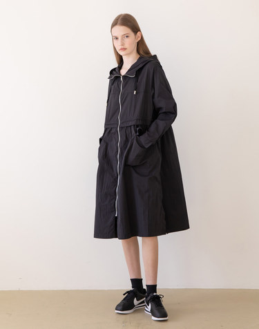 Hooded zip up outer dress - Black