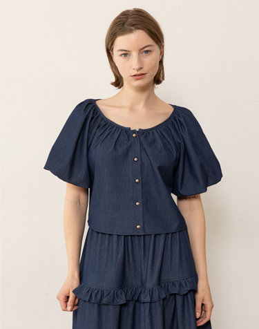 Balloon sleeve crop blouse - Indigo blue