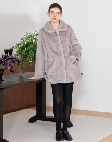 Round collar faux mink fur half jacket_2color