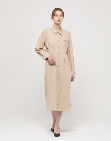 Single button collar neck dress - Beige