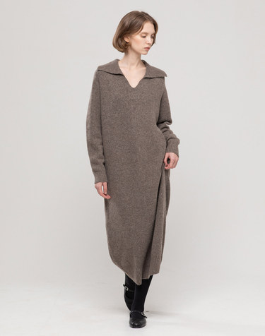 V-neck knit long dress - Charcoal