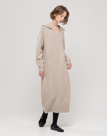 V-neck knit long dress - Beige