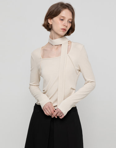 Squareneck shirring T-shirt - Cream