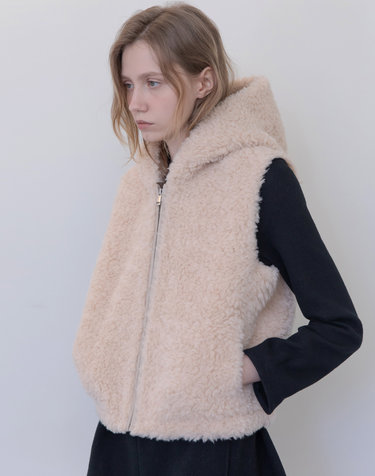 Lambswool hoodie zip up vest - Beige
