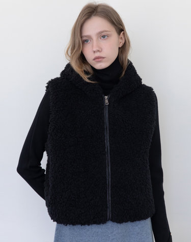 Lambswool hoodie zip up vest - Black