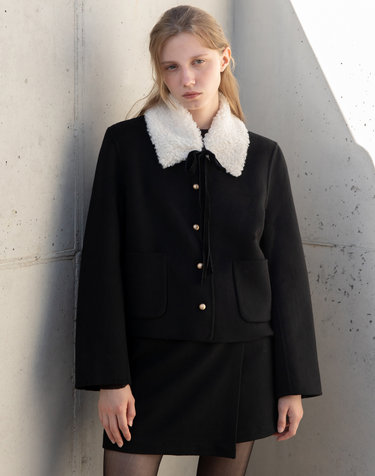 Fur collar wool hand made jacket - Black