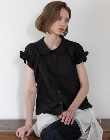 Round collar shirring blouse - Black