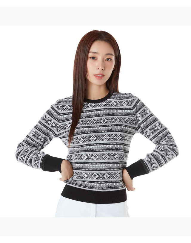 르꼬끄 스포르티브 르꼬끄 골프 여성 자카드 라운드넥 방풍 스웨터 (GP422LKPO3) 착용컷