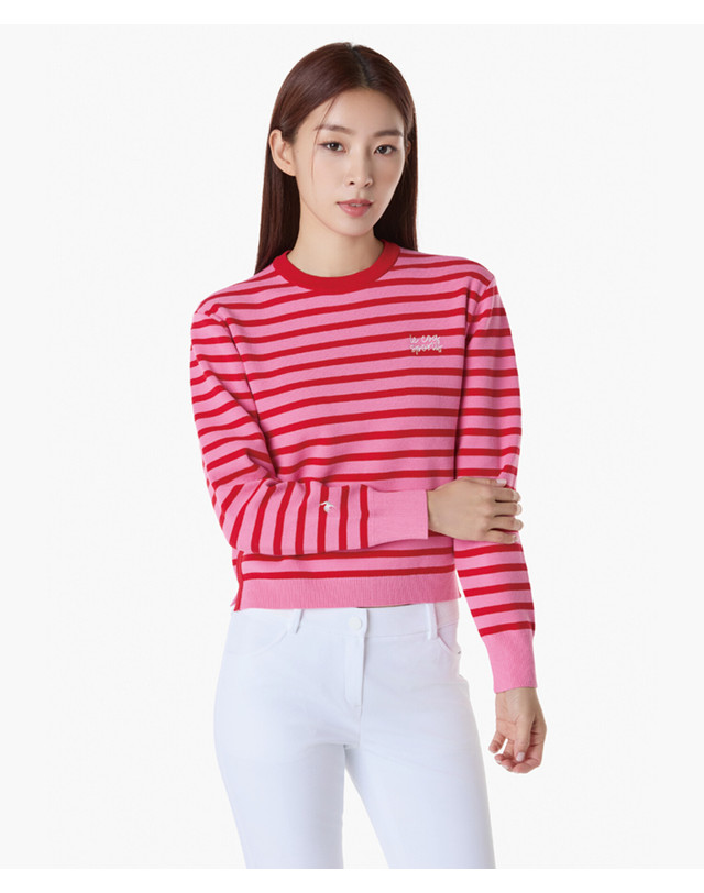르꼬끄 스포르티브 르꼬끄 골프 여성 스트라이프 라운드 스웨터 (GQ122LKP12) 착용컷