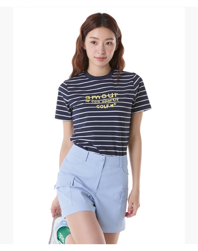 르꼬끄 스포르티브 르꼬끄 골프 여성 스트라이프 라운드넥 반팔 티셔츠 (GQ222LRS44) 착용컷