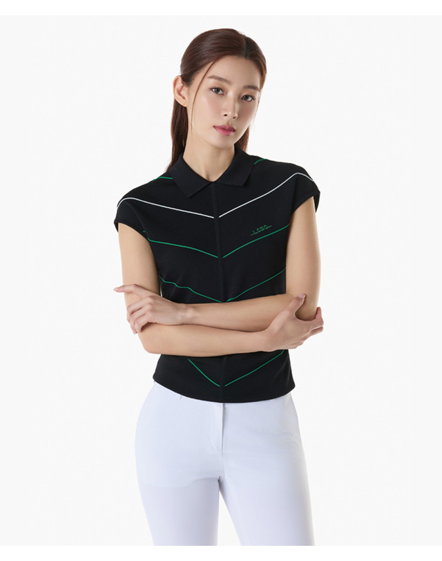 르꼬끄 스포르티브 르꼬끄 골프 여성 라인 배색 슬리브리스 카라 스웨터 (GQ122LKP34) 착용컷