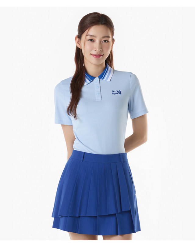 르꼬끄 스포르티브 르꼬끄 골프 여성 배색 요꼬에리 반팔 티셔츠 (GQ222LTS41) 착용컷
