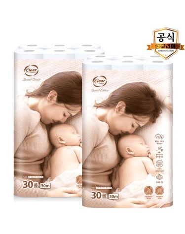 오늘출발 Clear 화장지 3겹데코 30mX30롤 2팩 (고온스팀원단+무형광/무향+천연펄프) 휴지 두루마리 화장실 화장지