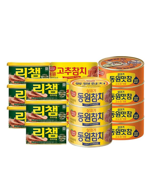 동원샘물 [동원] 리챔 오리지널 200g6캔+살코기90g3캔+고추90g3캔 외 3종 햄 통조림 모음 동원 캔 착용컷