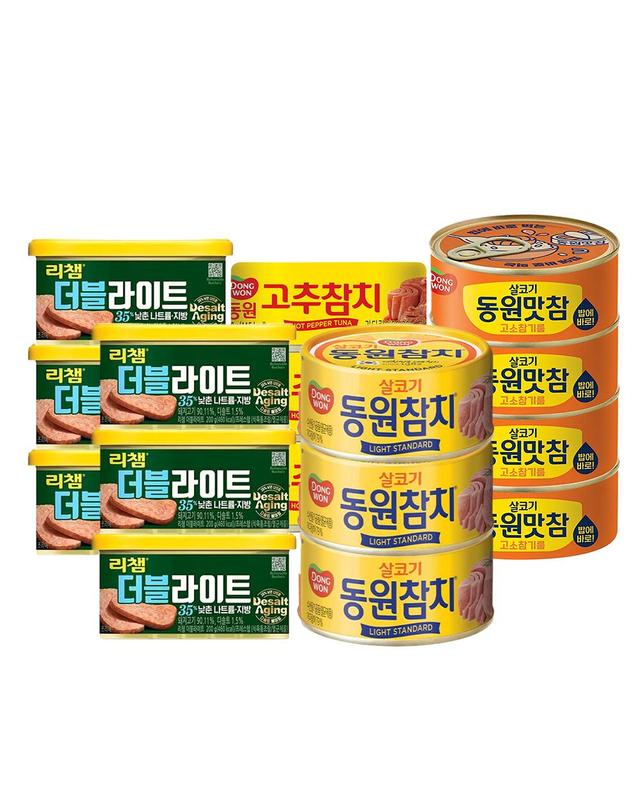 동원샘물 [동원] 리챔 더블라이트 200g6캔+살코기90g3캔+고추90g3캔 외 4종 햄 통조림 모음 동원 캔 착용컷