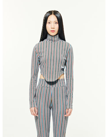 Striped Spandex High Neck Top - CHARCOAL
