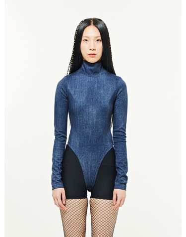 High Neck Denim Body Suit - BLUE