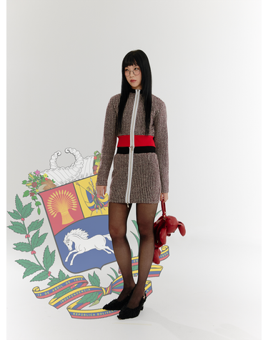Mix Zipper Tweed Mini Skirt - RED