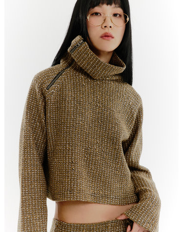 Tweed Zip-Up High-Neck Top - YELLOW