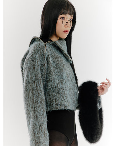 Fur Zip-Up High-Neck Top - SKY BLUE