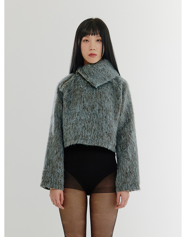 조아 Fur Zip-Up High-Neck Top - SKY BLUE 착용컷