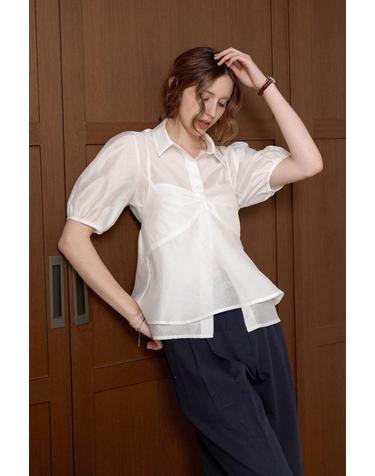 [SET] 텐셀 뷔스티에 카라 블라우스세트_WHITE
