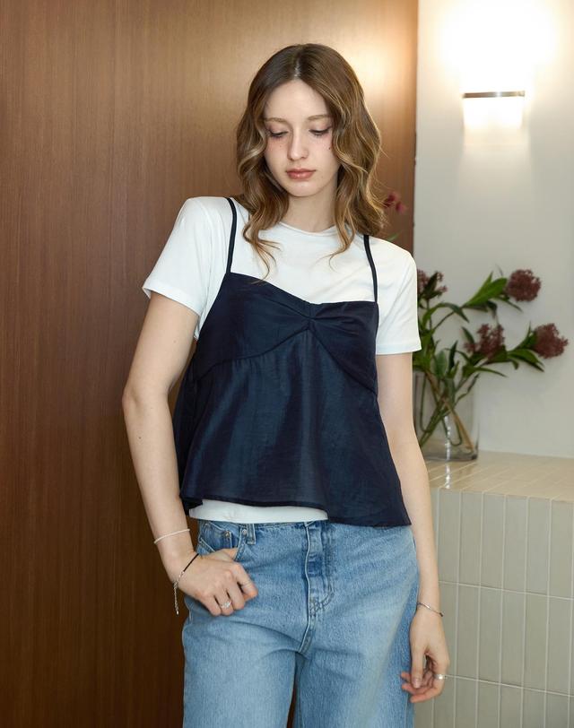 켈리도나휴 [SET] 텐셀 뷔스티에 카라 블라우스세트_NAVY 착용컷