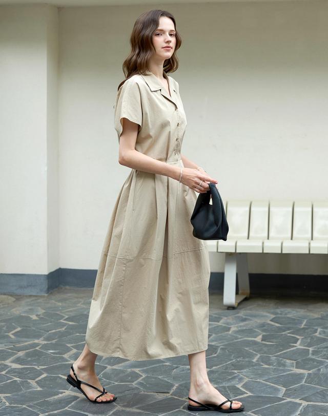 켈리도나휴 코튼 벌룬 셔츠원피스 BEIGE 착용컷