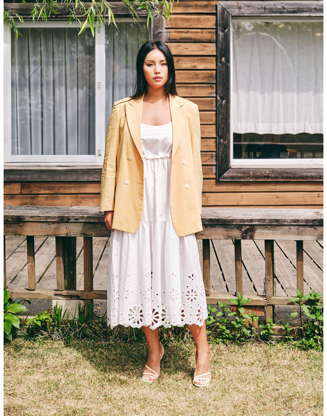 엘유비 TAILORED DOUBLE BOTTON JACKET_YELLOW (플러스 빅사이즈) 노랑 착용컷