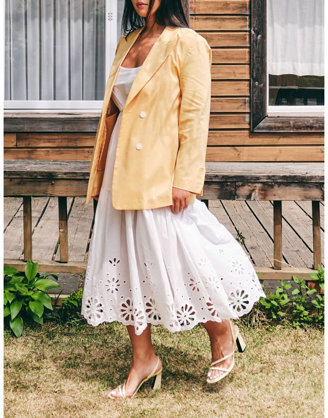 엘유비 TAILORED DOUBLE BOTTON JACKET_YELLOW (플러스 빅사이즈) 노랑 착용컷