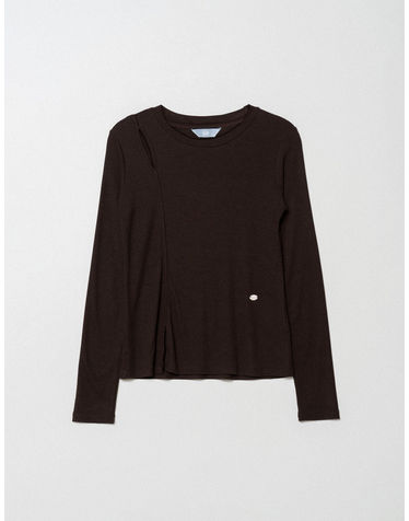 ONE SIDE CUT OUT POINT RIBBED TOP_BROWN (플러스 빅사이즈)