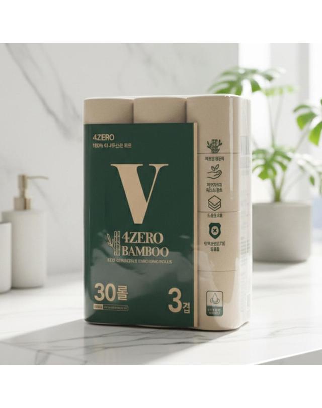 쇼우몰 [VERA] 베라 4ZERO 무해력 뱀부 3겹엠보싱 25M 30롤 X 2팩 1팩 대나무 화장지 휴지 착용컷